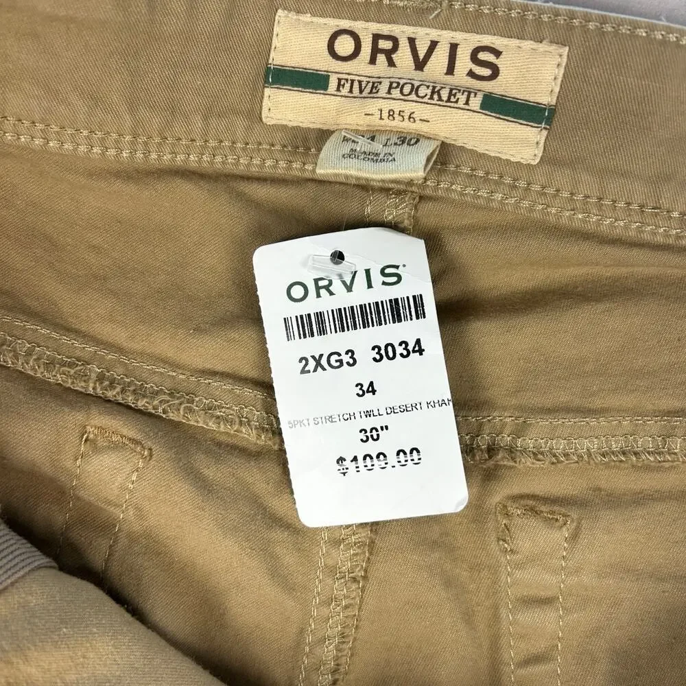 NWT Orvis Five-Pocket Stretch Twill Pants – Desert Khaki W34 L30 – MSRP $109